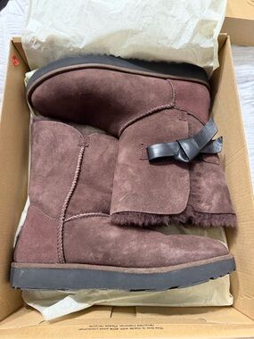 UGG Chocolate Brown Suede Mid-Calf Boots with Bow